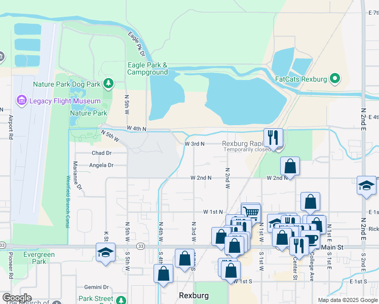 map of restaurants, bars, coffee shops, grocery stores, and more near 247 North 3rd West in Rexburg