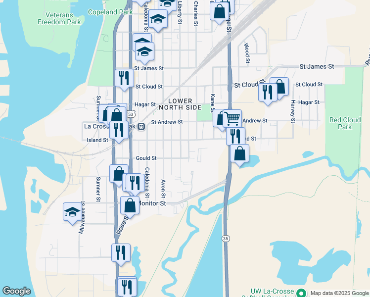 map of restaurants, bars, coffee shops, grocery stores, and more near 420 Liberty Street in La Crosse