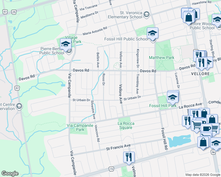 map of restaurants, bars, coffee shops, grocery stores, and more near 38 Credo Drive in Vaughan