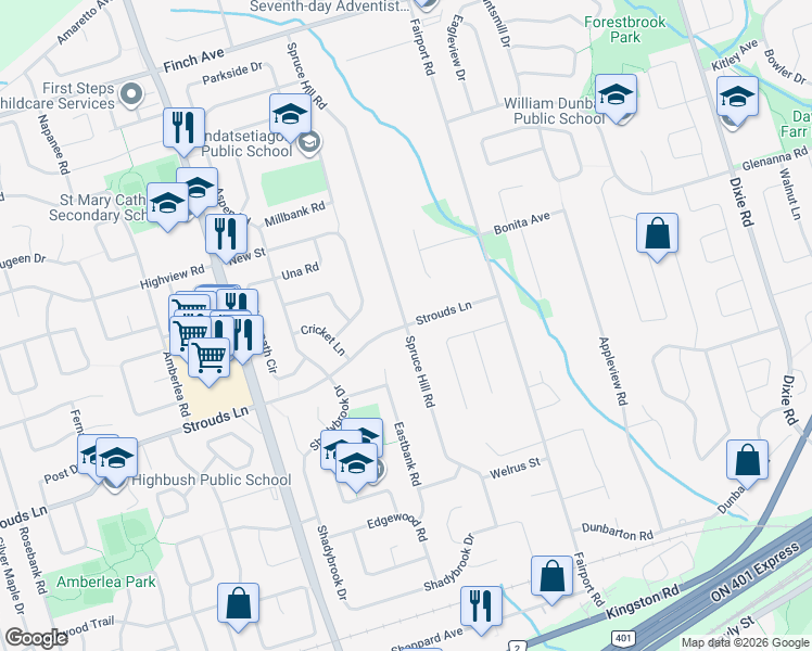 map of restaurants, bars, coffee shops, grocery stores, and more near Spruce Hill Road in Pickering