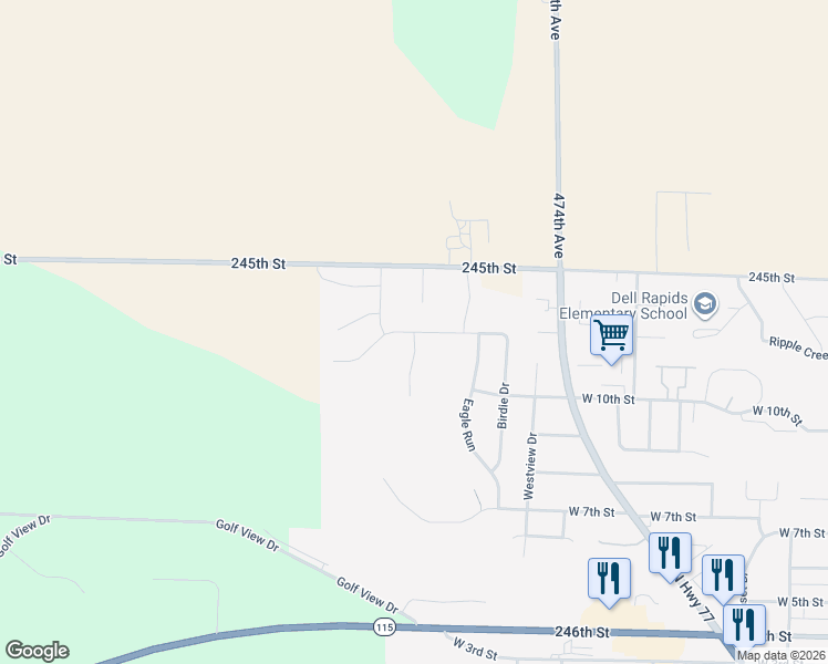 map of restaurants, bars, coffee shops, grocery stores, and more near Tee Off Trail in Dell Rapids