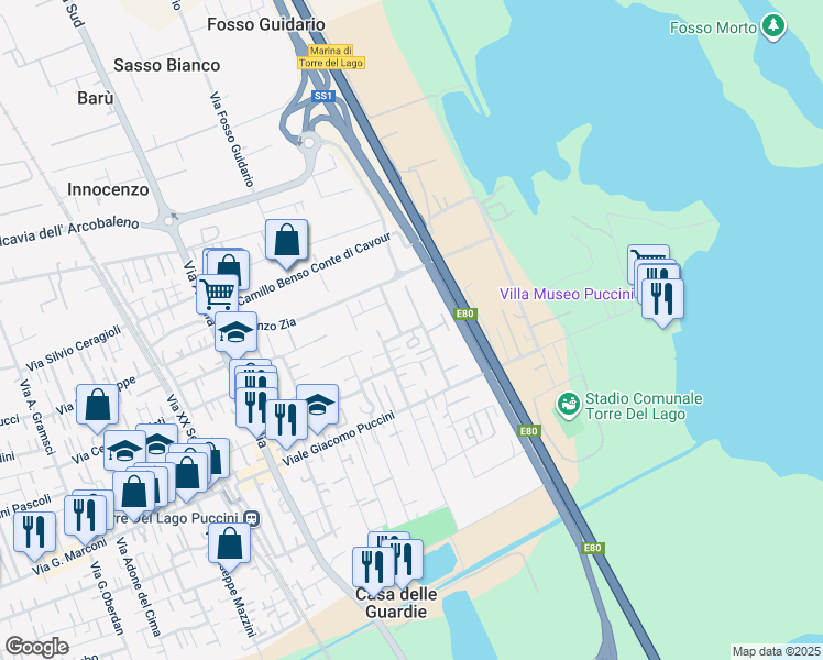 map of restaurants, bars, coffee shops, grocery stores, and more near 182 Via G. Schicchi in Viareggio
