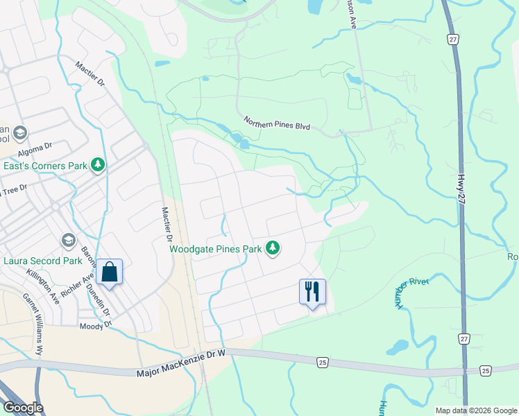 map of restaurants, bars, coffee shops, grocery stores, and more near 41 Glen Abbey Trail in Vaughan
