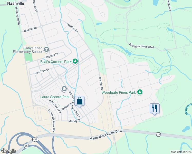 map of restaurants, bars, coffee shops, grocery stores, and more near 112 Elderslie Crescent in Vaughan