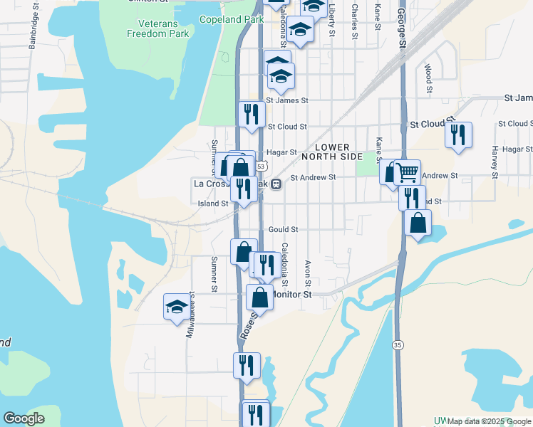 map of restaurants, bars, coffee shops, grocery stores, and more near 418 Rose Street in La Crosse