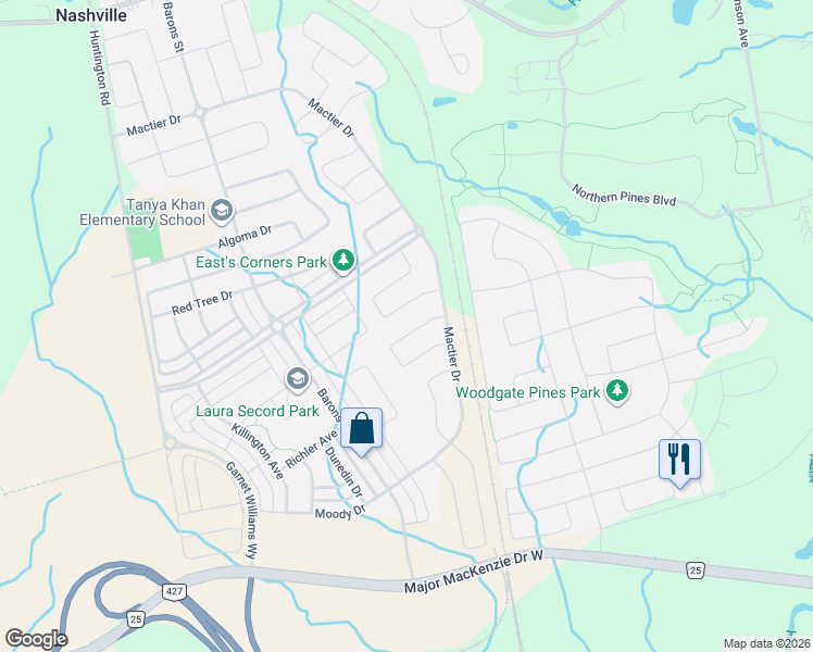 map of restaurants, bars, coffee shops, grocery stores, and more near 91 Elderslie Crescent in Vaughan