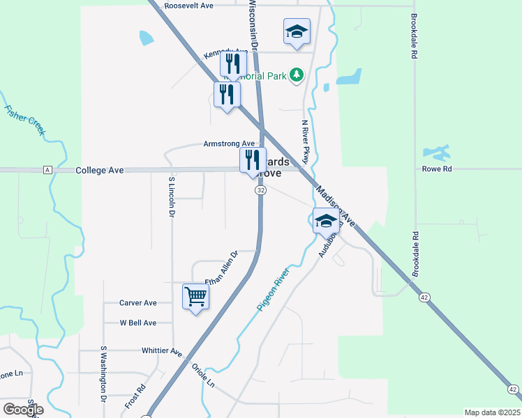 map of restaurants, bars, coffee shops, grocery stores, and more near 303 South Wisconsin Drive in Howards Grove