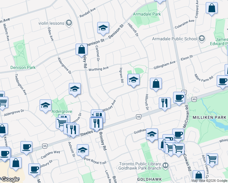 map of restaurants, bars, coffee shops, grocery stores, and more near 19 Ingram Road in Markham