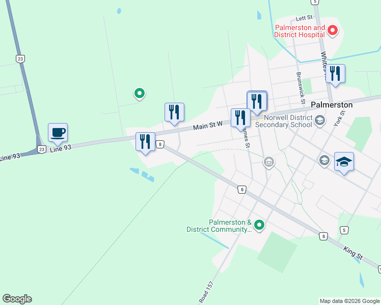 map of restaurants, bars, coffee shops, grocery stores, and more near 215 King Street in Palmerston