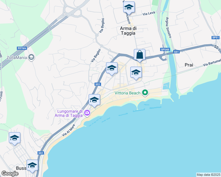 map of restaurants, bars, coffee shops, grocery stores, and more near Traversa Queirolo in Taggia