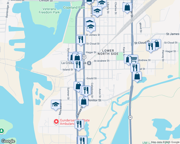 map of restaurants, bars, coffee shops, grocery stores, and more near 703 Gould Street in La Crosse