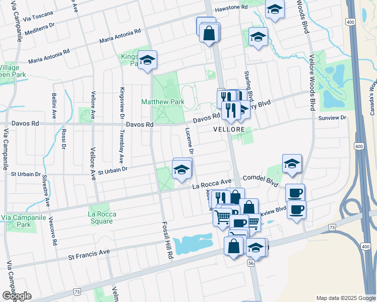 map of restaurants, bars, coffee shops, grocery stores, and more near 12 Lucerne Drive in Vaughan