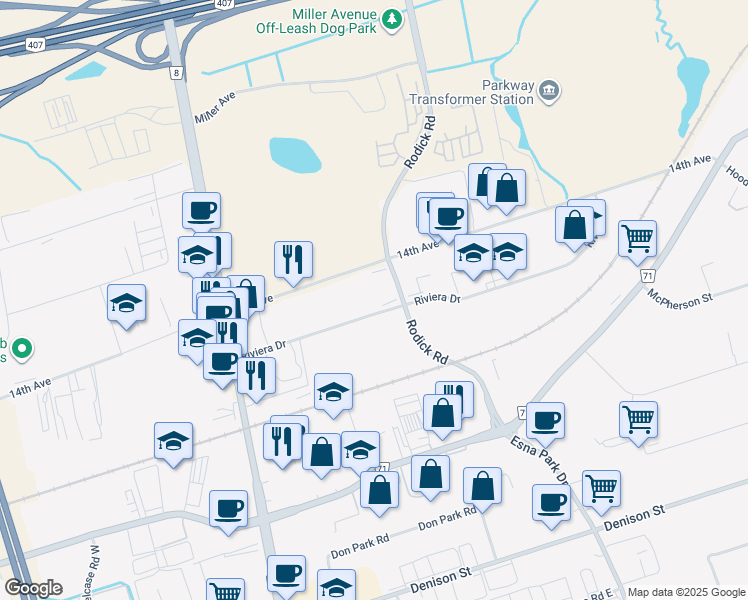 map of restaurants, bars, coffee shops, grocery stores, and more near 34 Riviera Drive in Markham