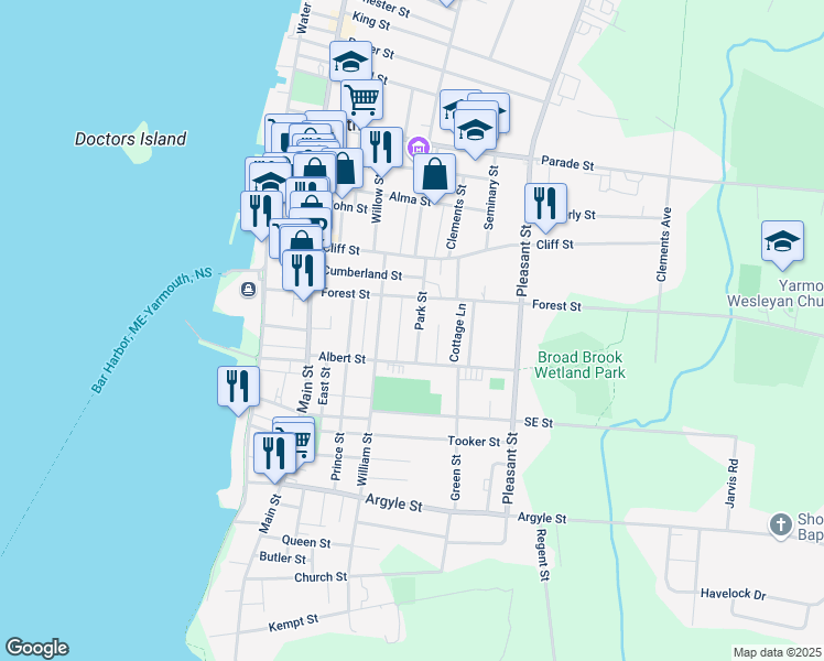 map of restaurants, bars, coffee shops, grocery stores, and more near 10 Park Street in Yarmouth