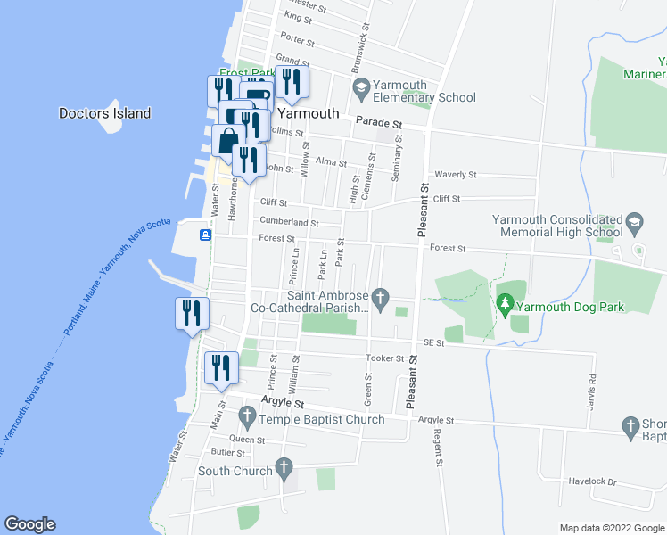 map of restaurants, bars, coffee shops, grocery stores, and more near 10 Park Street in Yarmouth