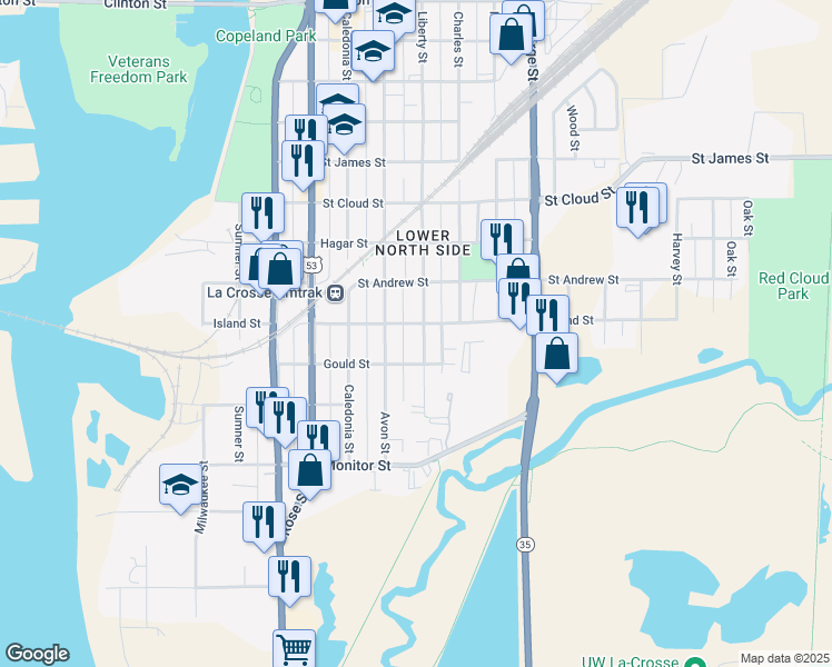 map of restaurants, bars, coffee shops, grocery stores, and more near 402 Liberty Street in La Crosse