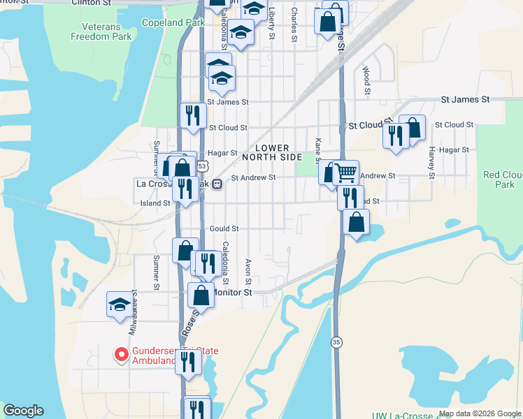 map of restaurants, bars, coffee shops, grocery stores, and more near 406 Avon Street in La Crosse