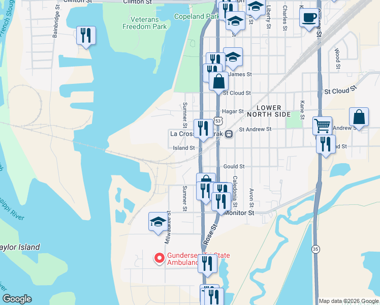 map of restaurants, bars, coffee shops, grocery stores, and more near 401 Sumner Street in La Crosse
