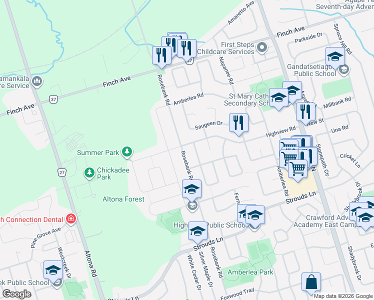 map of restaurants, bars, coffee shops, grocery stores, and more near 1915 Rosebank Road in Pickering