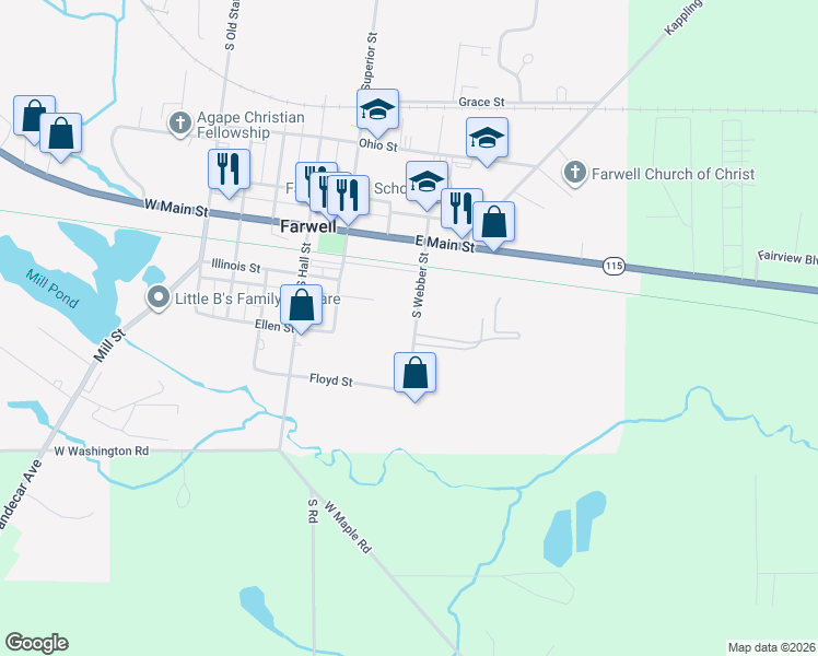 map of restaurants, bars, coffee shops, grocery stores, and more near 266 South Webber Street in Farwell