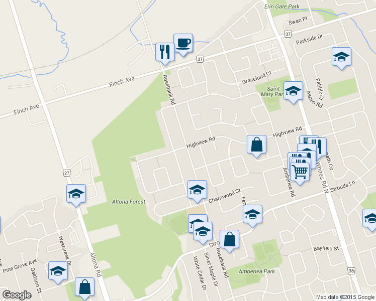 map of restaurants, bars, coffee shops, grocery stores, and more near 1915 Rosebank Road in Pickering