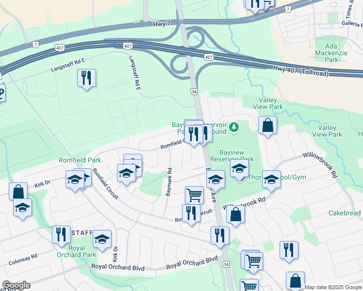 map of restaurants, bars, coffee shops, grocery stores, and more near 236 Romfield Circuit in Markham