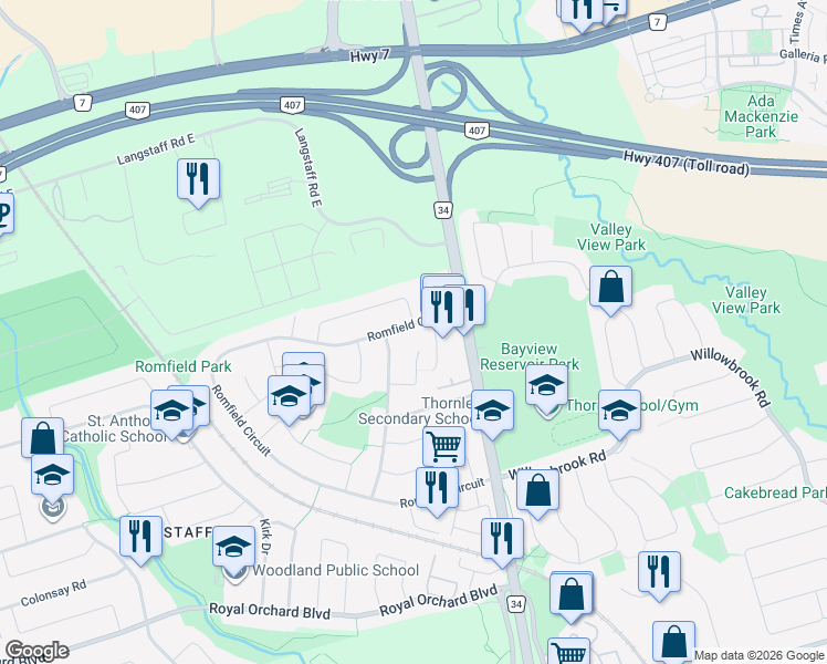 map of restaurants, bars, coffee shops, grocery stores, and more near 236 Romfield Circuit in Markham