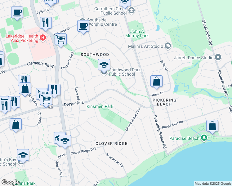 map of restaurants, bars, coffee shops, grocery stores, and more near 94 Bryant Road in Ajax