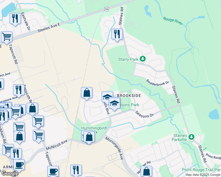 map of restaurants, bars, coffee shops, grocery stores, and more near 20 Snowy Owl Way in Toronto