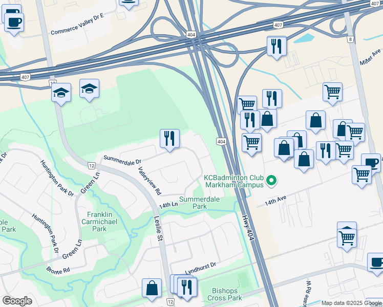 map of restaurants, bars, coffee shops, grocery stores, and more near 113 Summerdale Drive in Markham