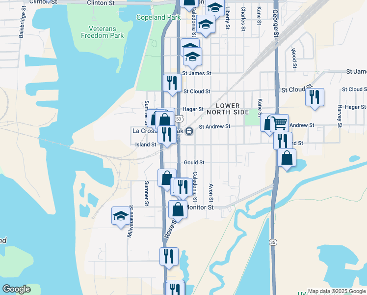 map of restaurants, bars, coffee shops, grocery stores, and more near 406 Island Street in La Crosse