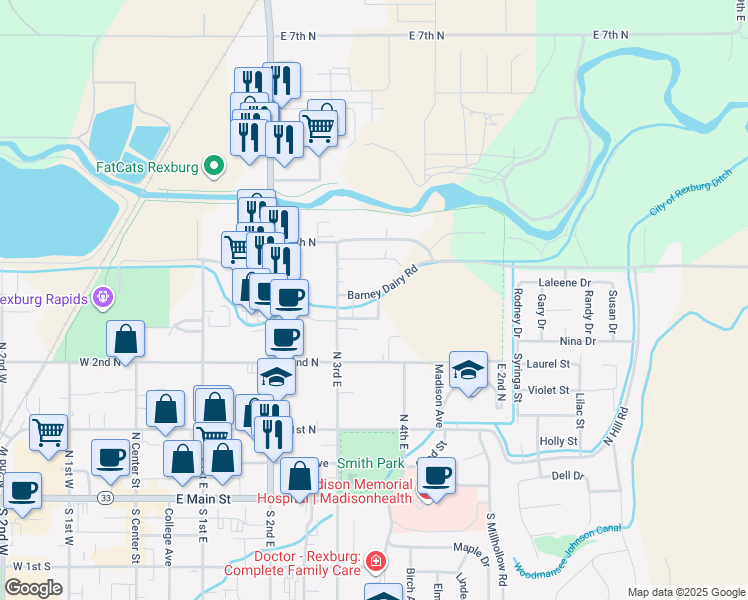 map of restaurants, bars, coffee shops, grocery stores, and more near 264 North 3rd East in Rexburg