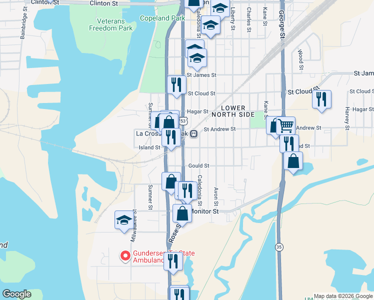 map of restaurants, bars, coffee shops, grocery stores, and more near 432 Rose Street in La Crosse