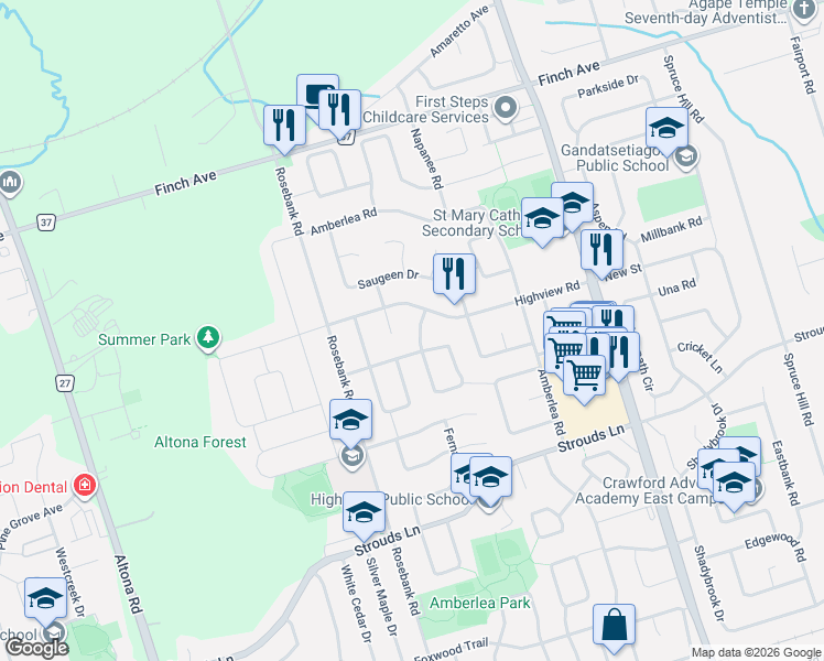 map of restaurants, bars, coffee shops, grocery stores, and more near 1706 Woodside Lane in Pickering