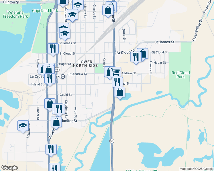 map of restaurants, bars, coffee shops, grocery stores, and more near 516 Kane Street in La Crosse