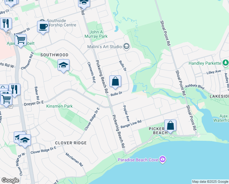 map of restaurants, bars, coffee shops, grocery stores, and more near in Ajax