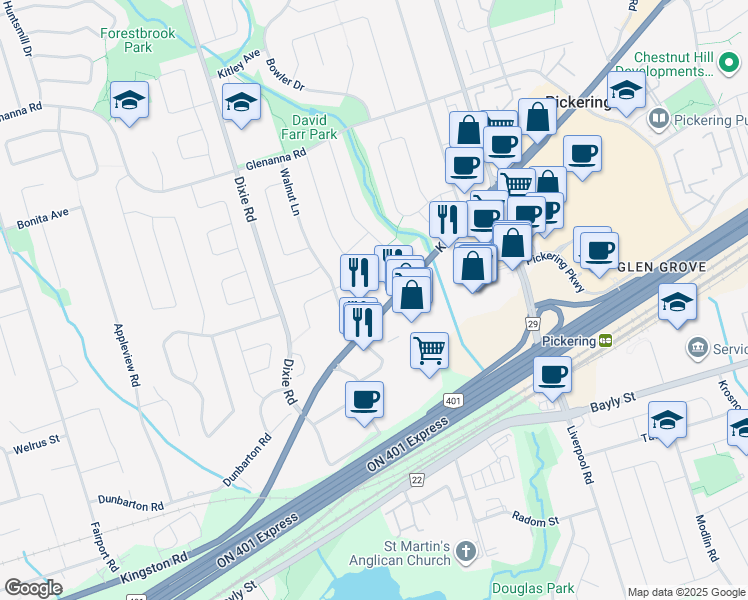 map of restaurants, bars, coffee shops, grocery stores, and more near in Pickering