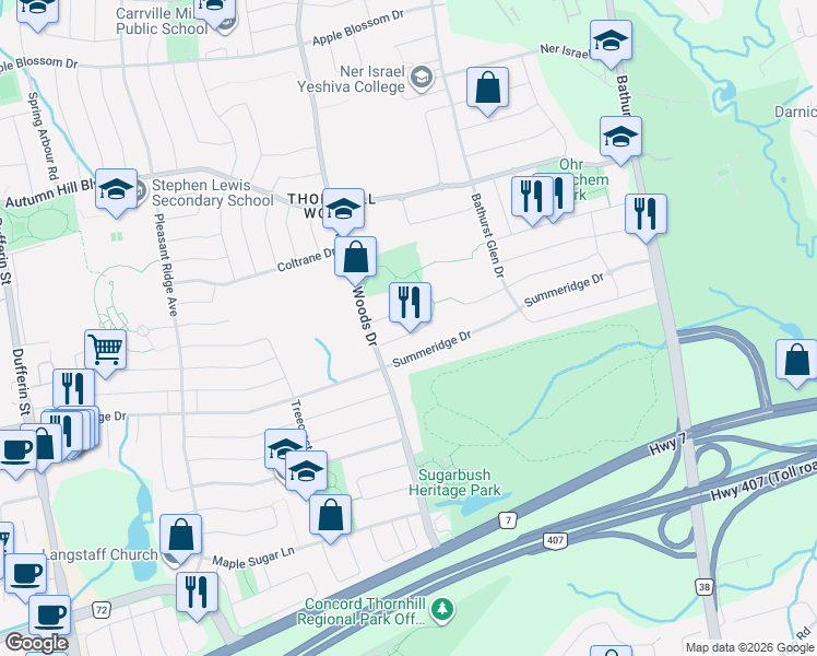 map of restaurants, bars, coffee shops, grocery stores, and more near 19 Elmway Court in Vaughan