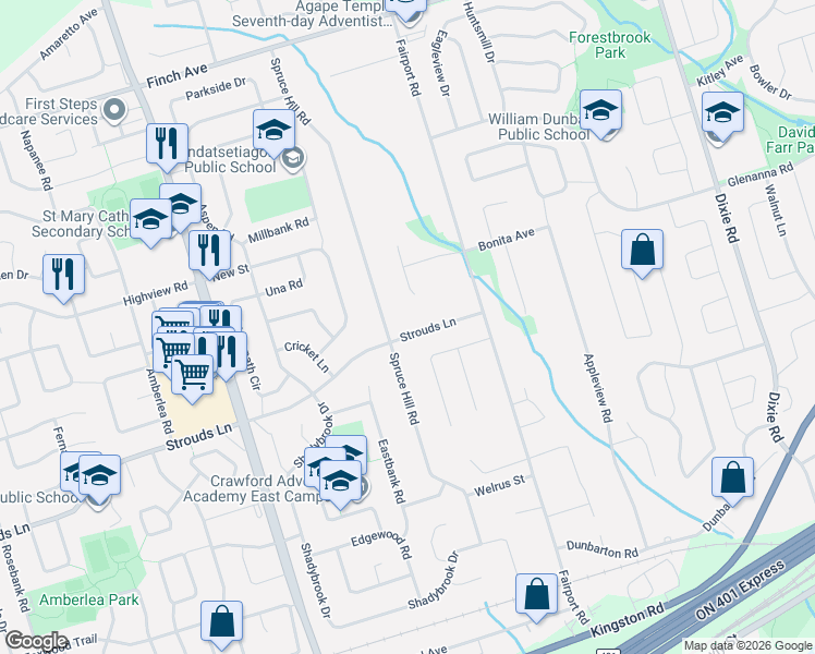 map of restaurants, bars, coffee shops, grocery stores, and more near 858 Strouds Lane in Pickering