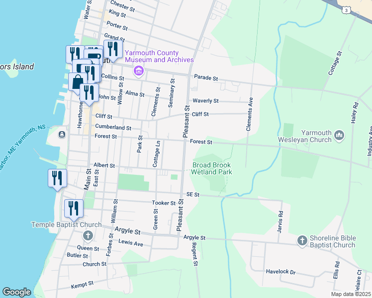 map of restaurants, bars, coffee shops, grocery stores, and more near 91 Pleasant Street in Yarmouth
