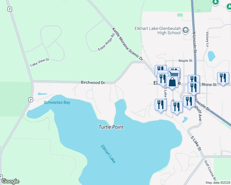 map of restaurants, bars, coffee shops, grocery stores, and more near 318 North Turtle Bay Road in Elkhart Lake