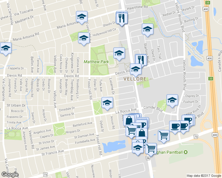 map of restaurants, bars, coffee shops, grocery stores, and more near 22 Lucerne Drive in Vaughan
