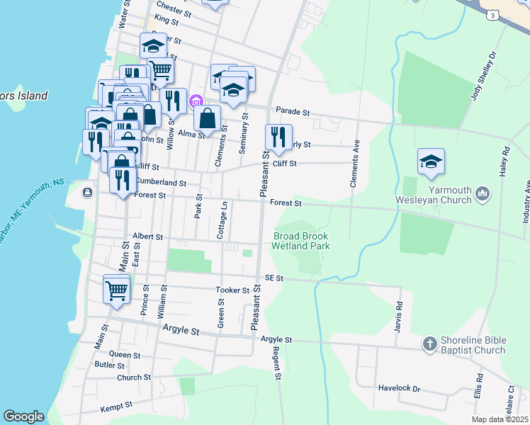 map of restaurants, bars, coffee shops, grocery stores, and more near 91 Pleasant Street in Yarmouth