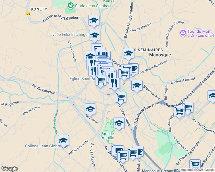 map of restaurants, bars, coffee shops, grocery stores, and more near Passage Saint-Sauveur in Manosque