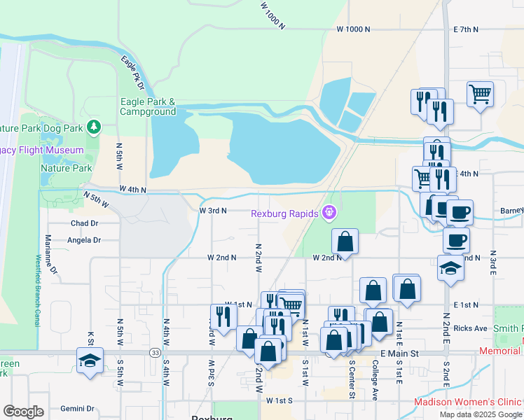 map of restaurants, bars, coffee shops, grocery stores, and more near 300 North 2nd West in Rexburg