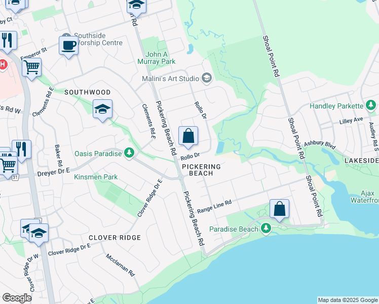 map of restaurants, bars, coffee shops, grocery stores, and more near in Ajax