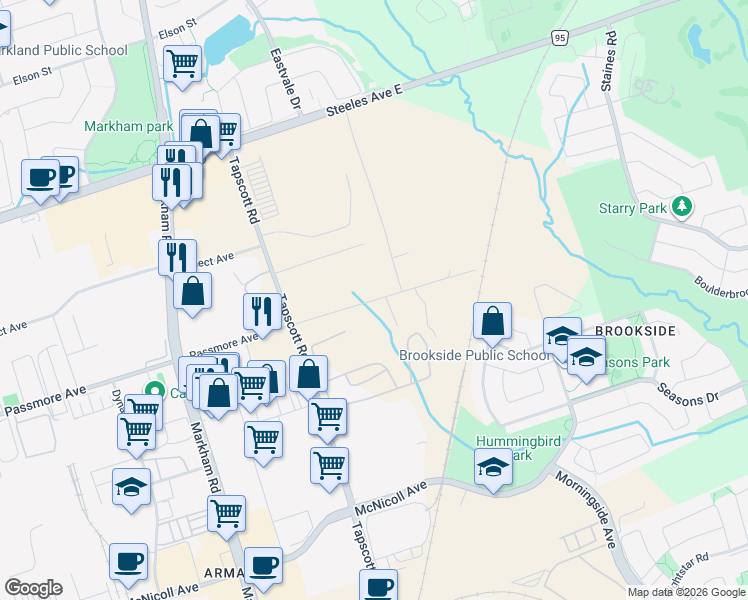 map of restaurants, bars, coffee shops, grocery stores, and more near 910 Passmore Avenue in Toronto