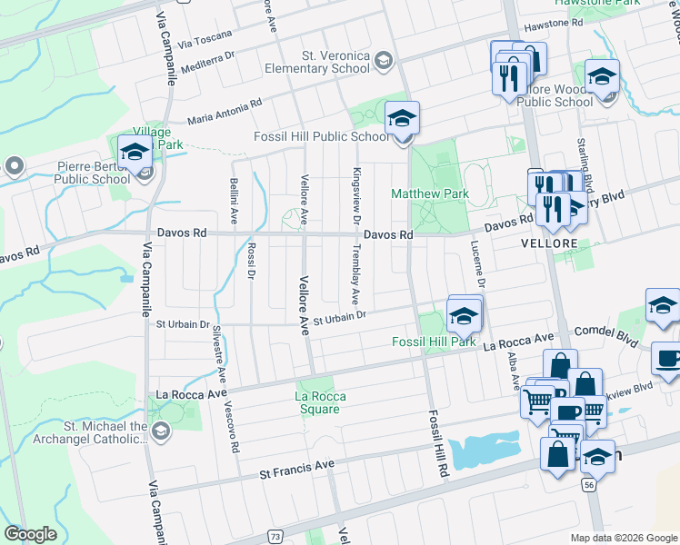 map of restaurants, bars, coffee shops, grocery stores, and more near 51 Braden Way in Vaughan