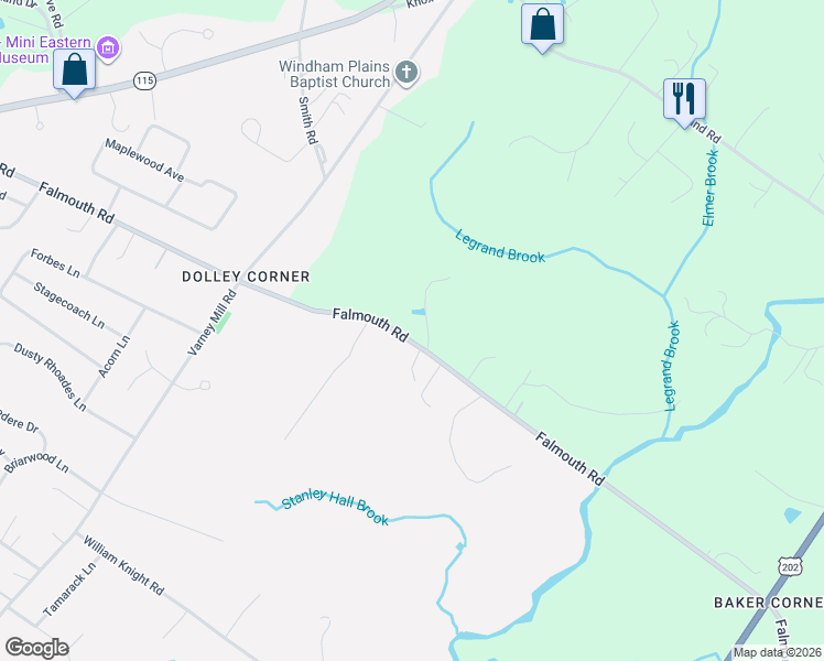map of restaurants, bars, coffee shops, grocery stores, and more near 439 Falmouth Road in Windham