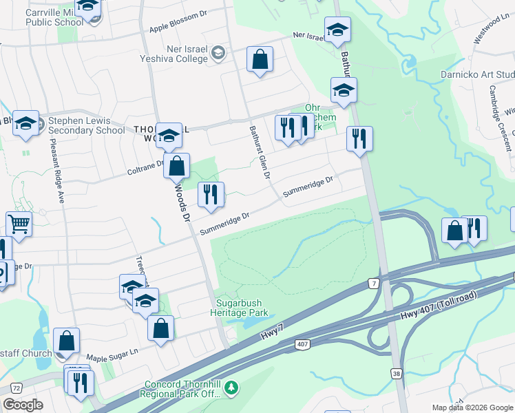 map of restaurants, bars, coffee shops, grocery stores, and more near 182 Summeridge Drive in Vaughan